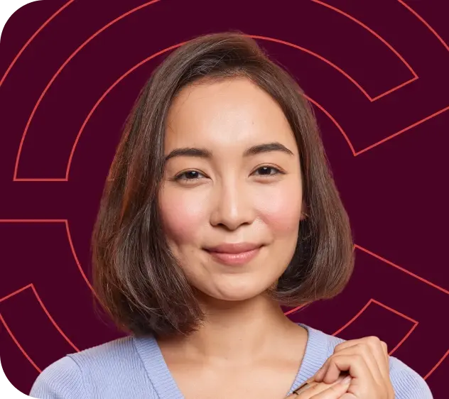 Smiling member against a burgundy Point C backdrop