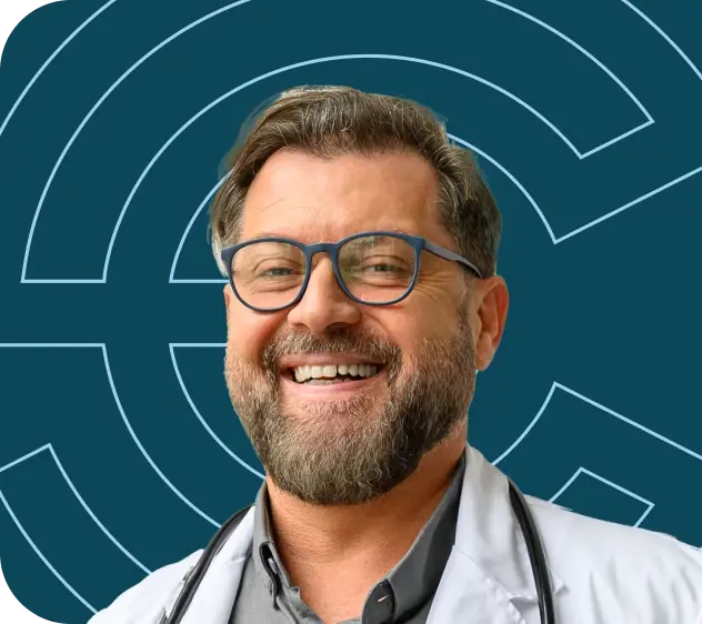 Smiling provider against a teal Point C backdrop