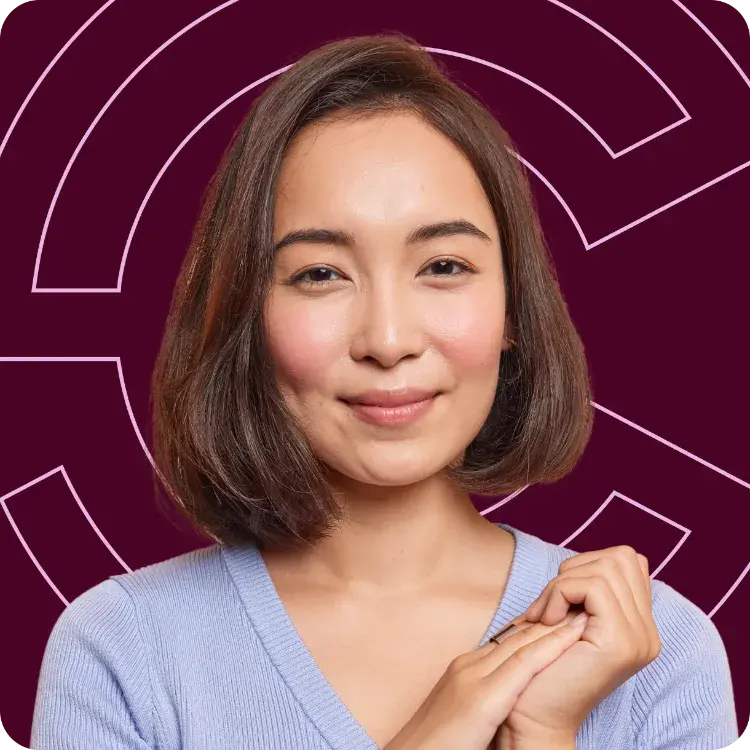 Smiling woman wearing a light blue sweater in front of a burgundy background with Point C graphic elements.